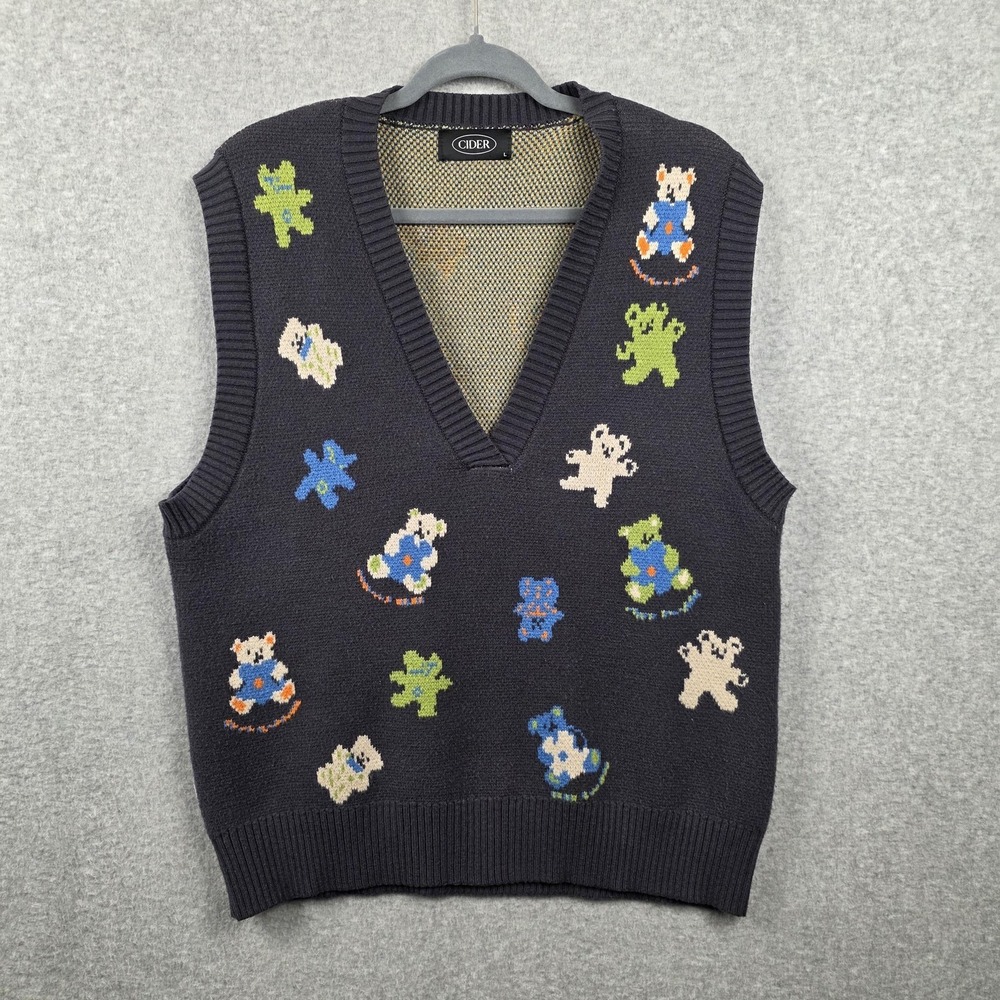 CIDER Sweater Vest Womens Large Gray Teddy Bear Knit V Neck Pullover Cute